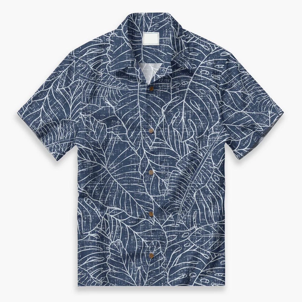1.jpg (4) Navy Tropical Leaf Print Camp Shirt - Image 1