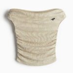 Beige Ruched Off-Shoulder Top