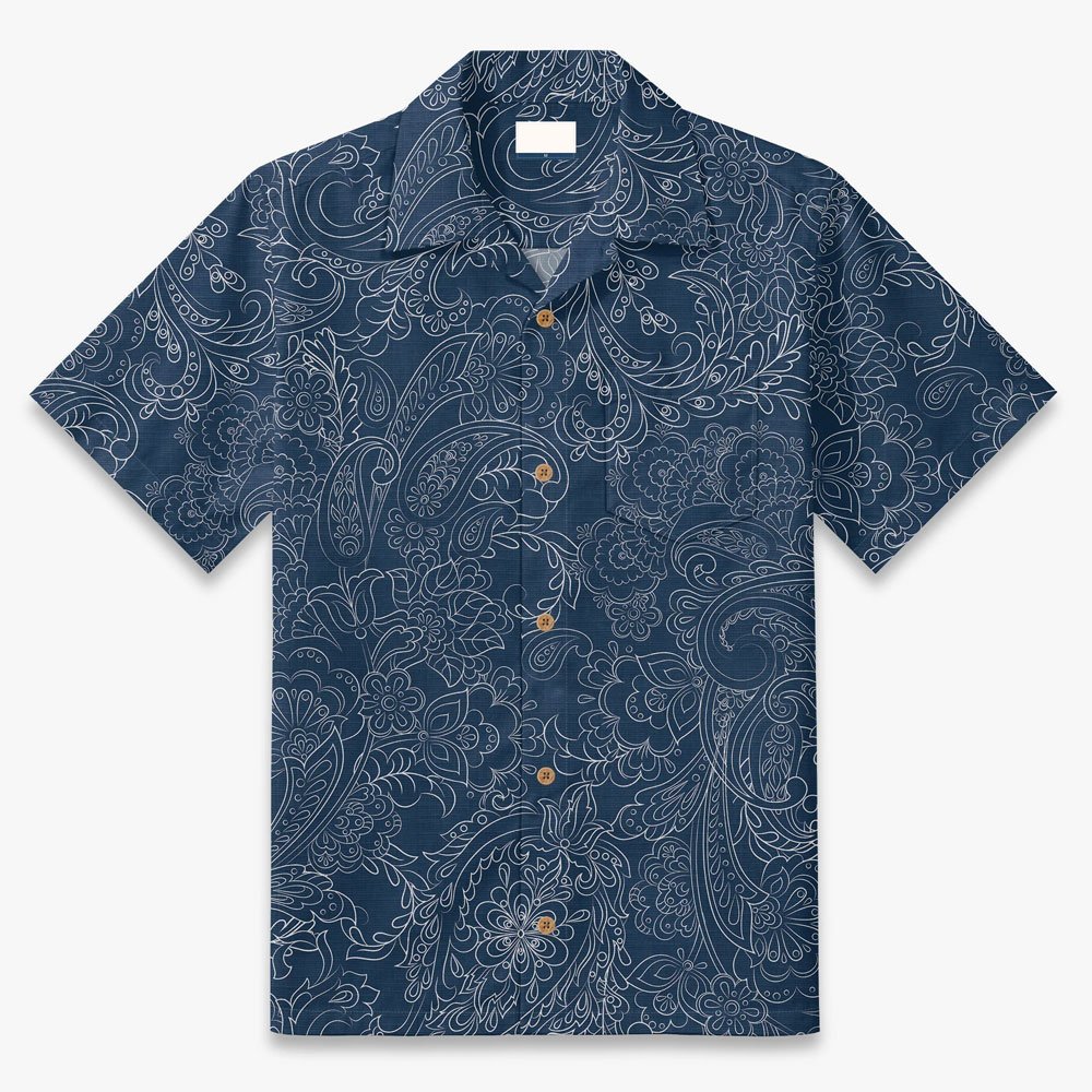2.jpg (4) Navy Paisley Print Camp Shirt - Image 1