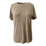 Beige Lace-Sleeve Pleated Formal Top