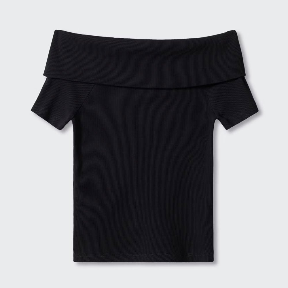 5 Black Fold-Over Ribbed Off-Shoulder Top - Image 1