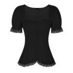 Black Lace-Trim Button Blouse